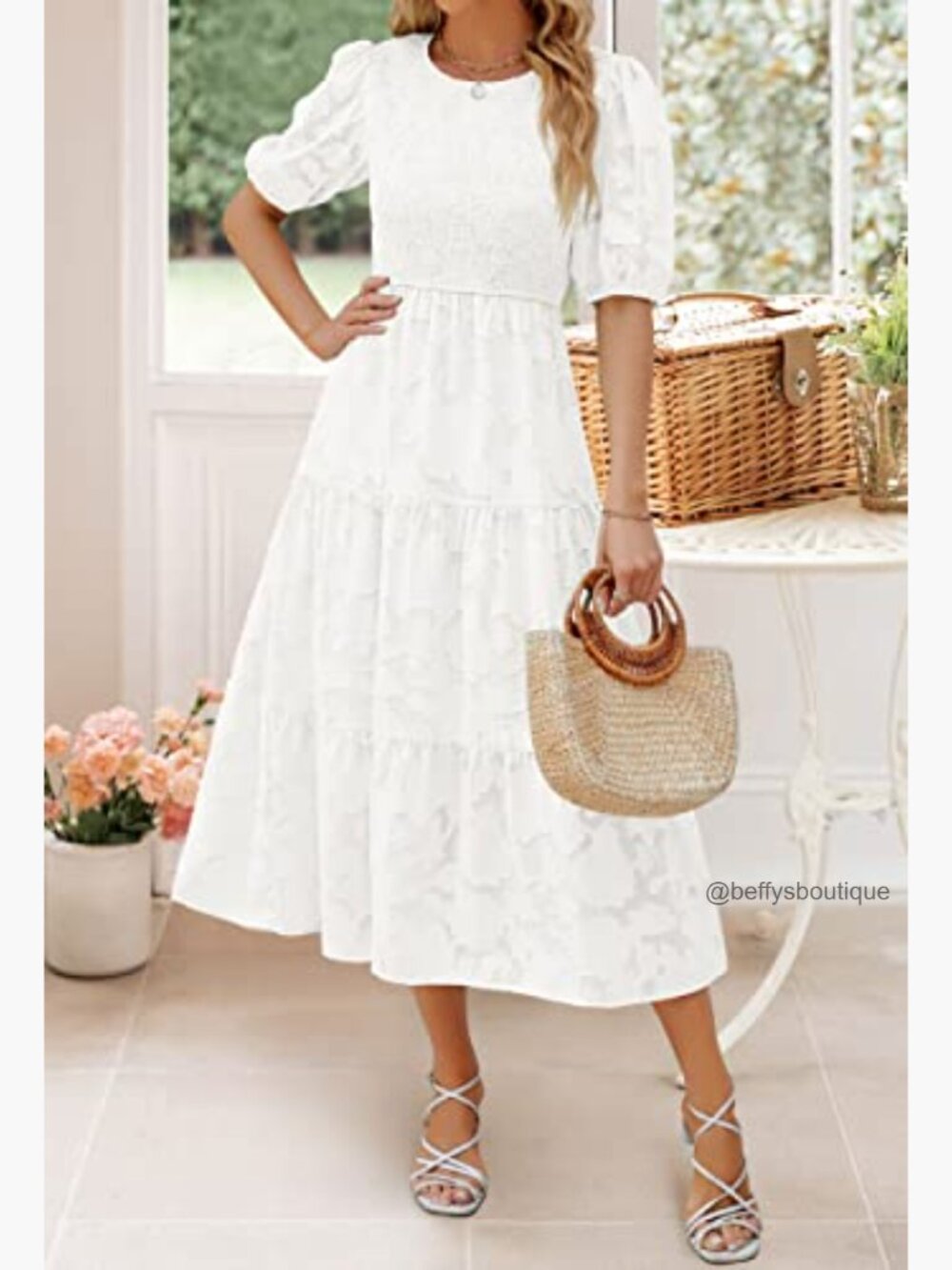 Short Puff Sleeve Smocked Floral Lace Tiered Maxi Dress - Picture 6 of 7